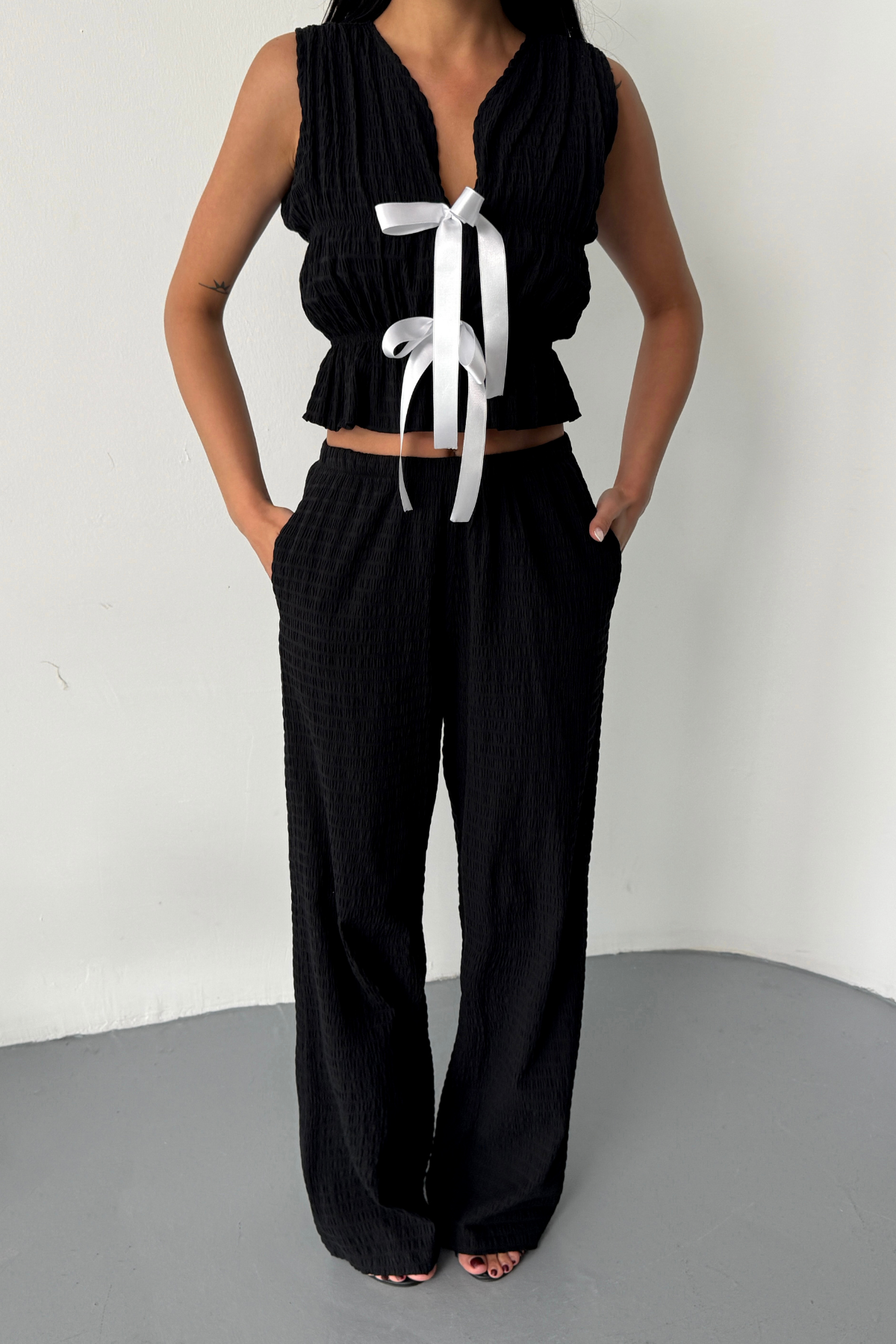 GOFRE BLUZ-PANTOLON TK KURDELE DETAYLI - Siyah