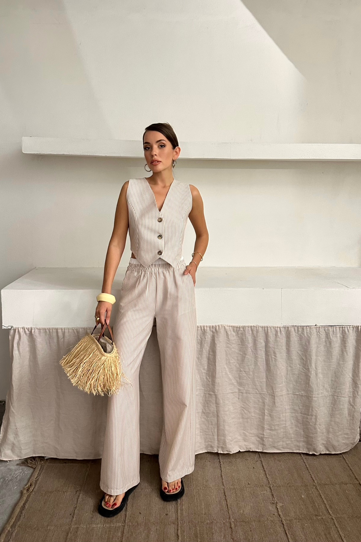 GOFRE ÇİZGİLİ YELEK - PANTOLON TAKIM - Bej