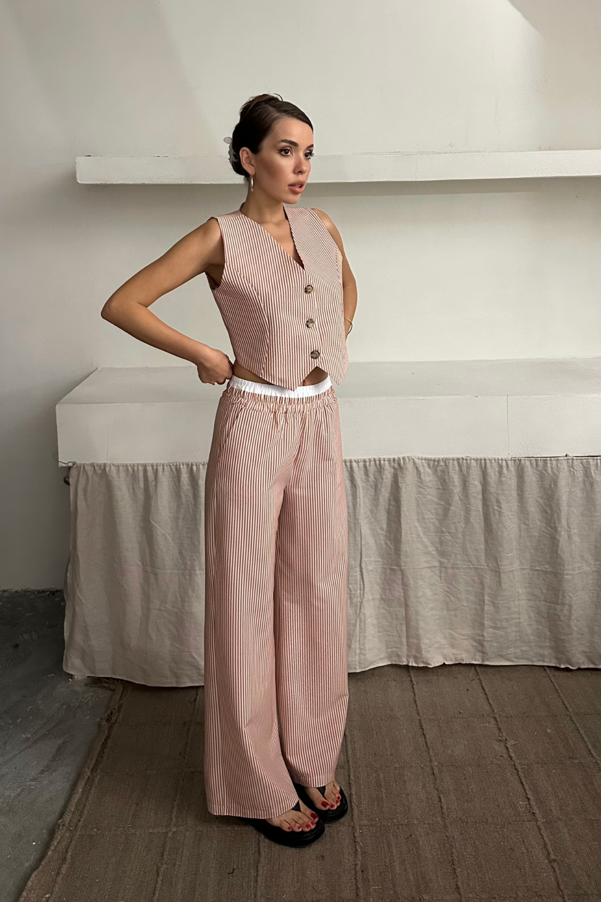 GOFRE ÇİZGİLİ YELEK - PANTOLON TAKIM - Kahverengi