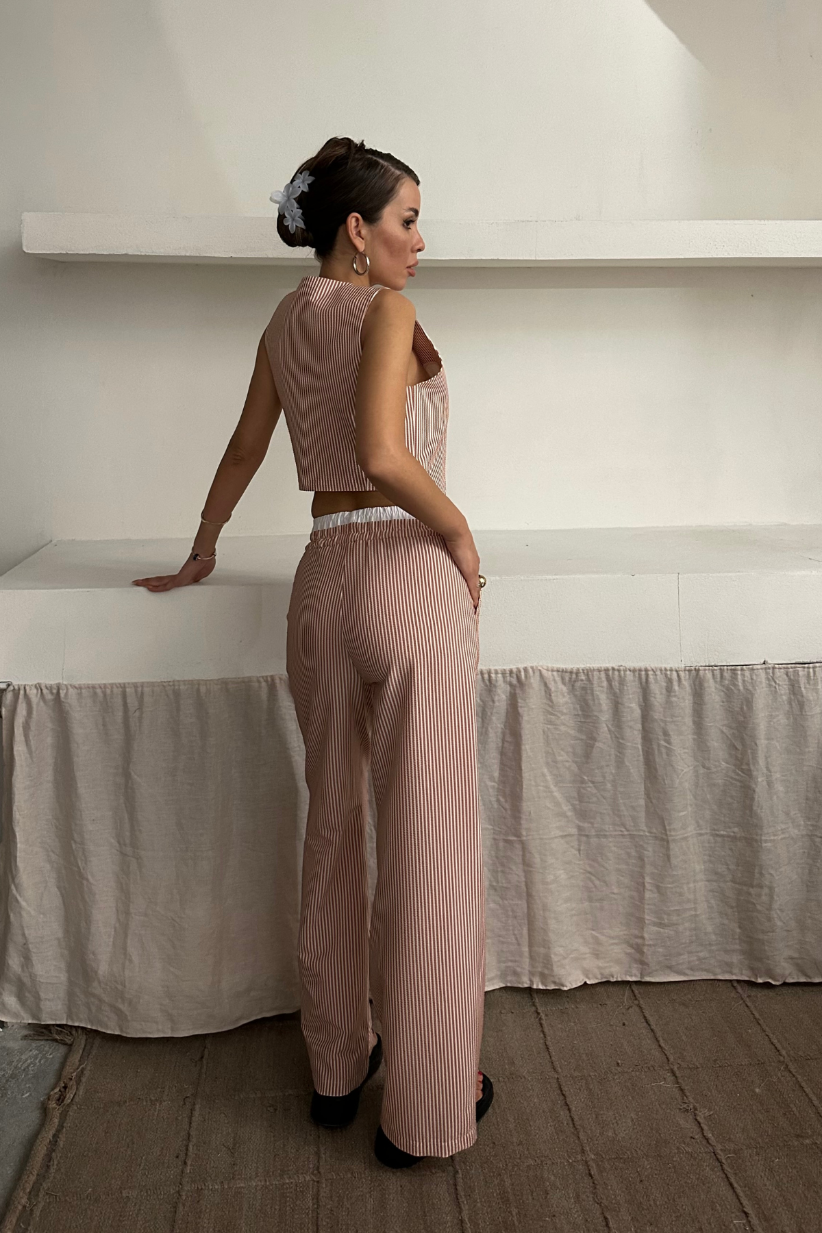 GOFRE ÇİZGİLİ YELEK - PANTOLON TAKIM - Kahverengi