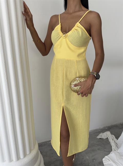 Göğsü Aksesuarlı Önü Yırtmaçlı Elbise 2899