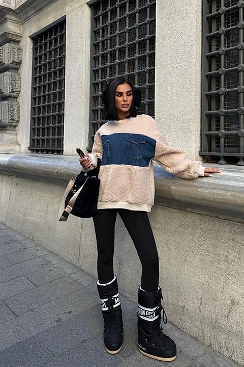 Göğsü Denim Garnili Sweatshirt 3402 TAŞ L