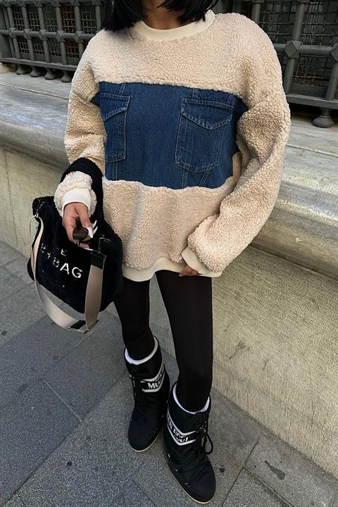 Göğsü Denim Garnili Sweatshirt 3402