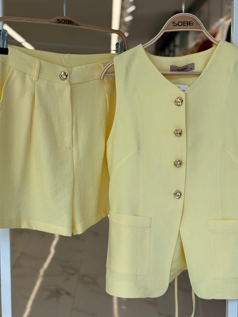 Gold Düğme Detaylı Yelek Şort Cotton Takım 10208