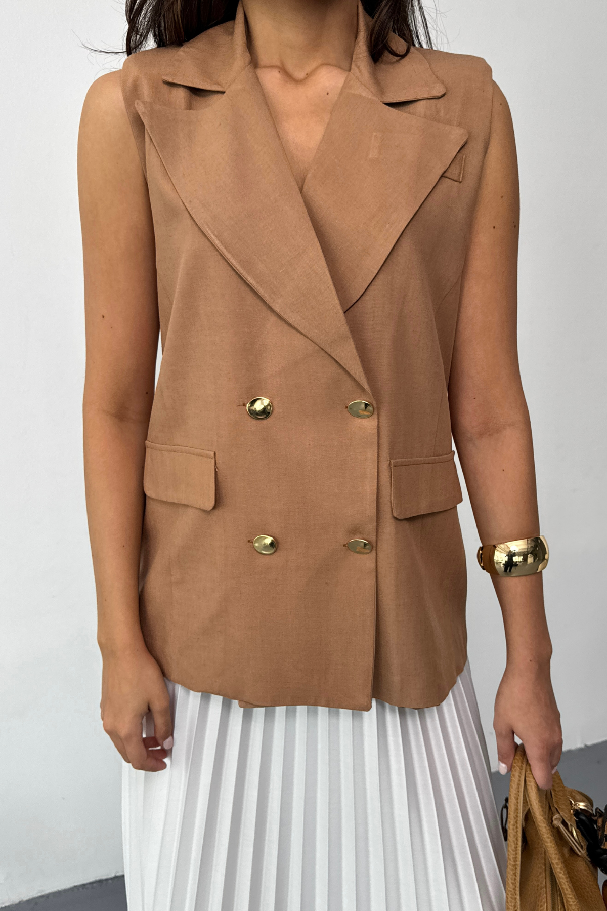 GOLD DÜĞMELİ KETEN YELEK - Kahverengi