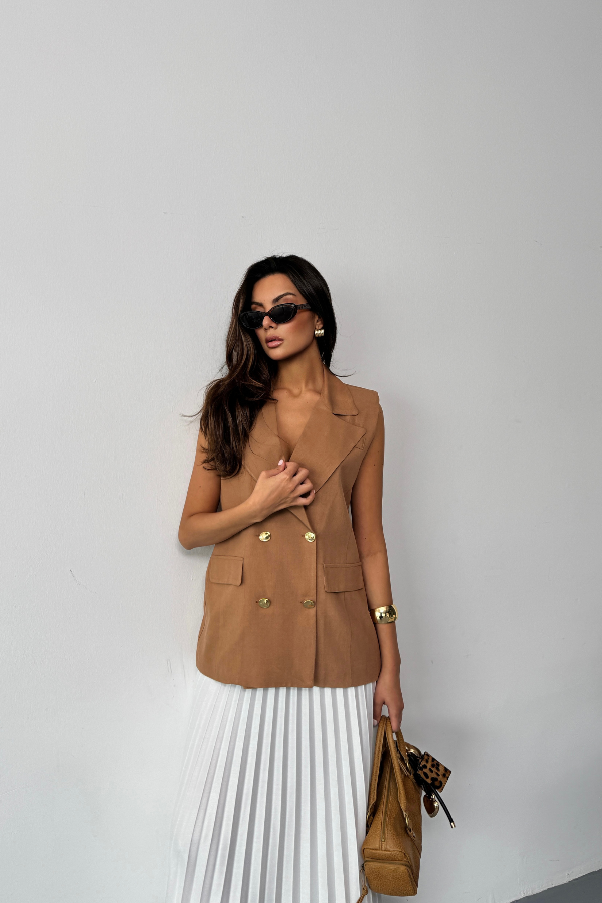 GOLD DÜĞMELİ KETEN YELEK - Kahverengi