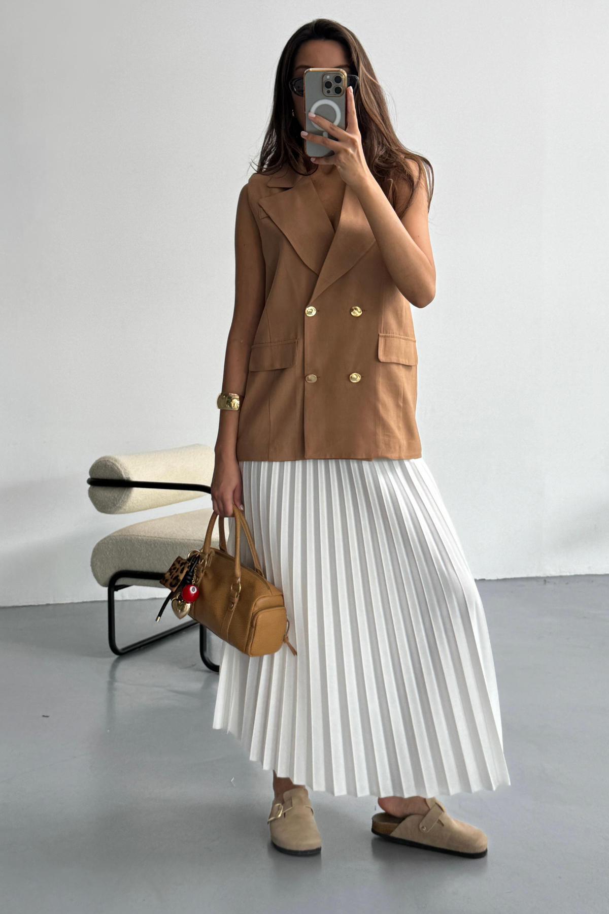 GOLD DÜĞMELİ KETEN YELEK - Kahverengi