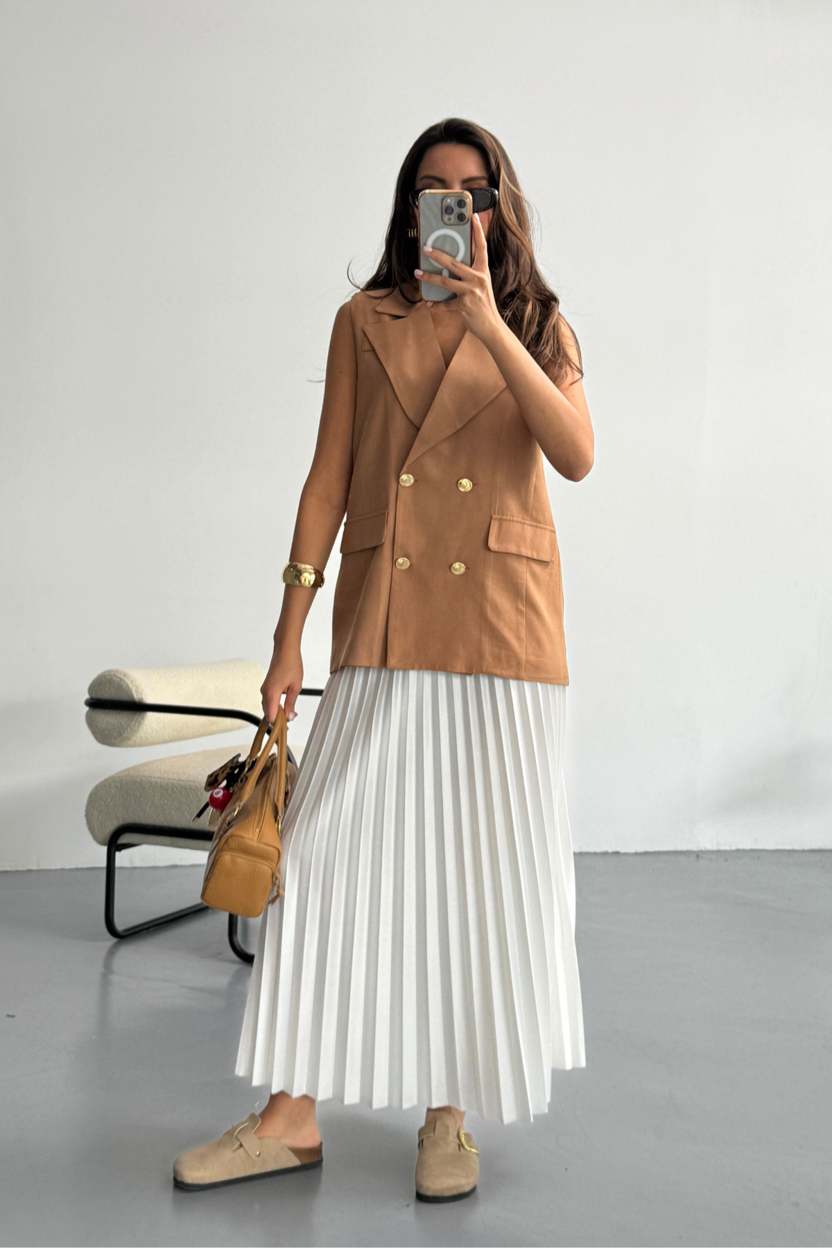 GOLD DÜĞMELİ KETEN YELEK - Kahverengi