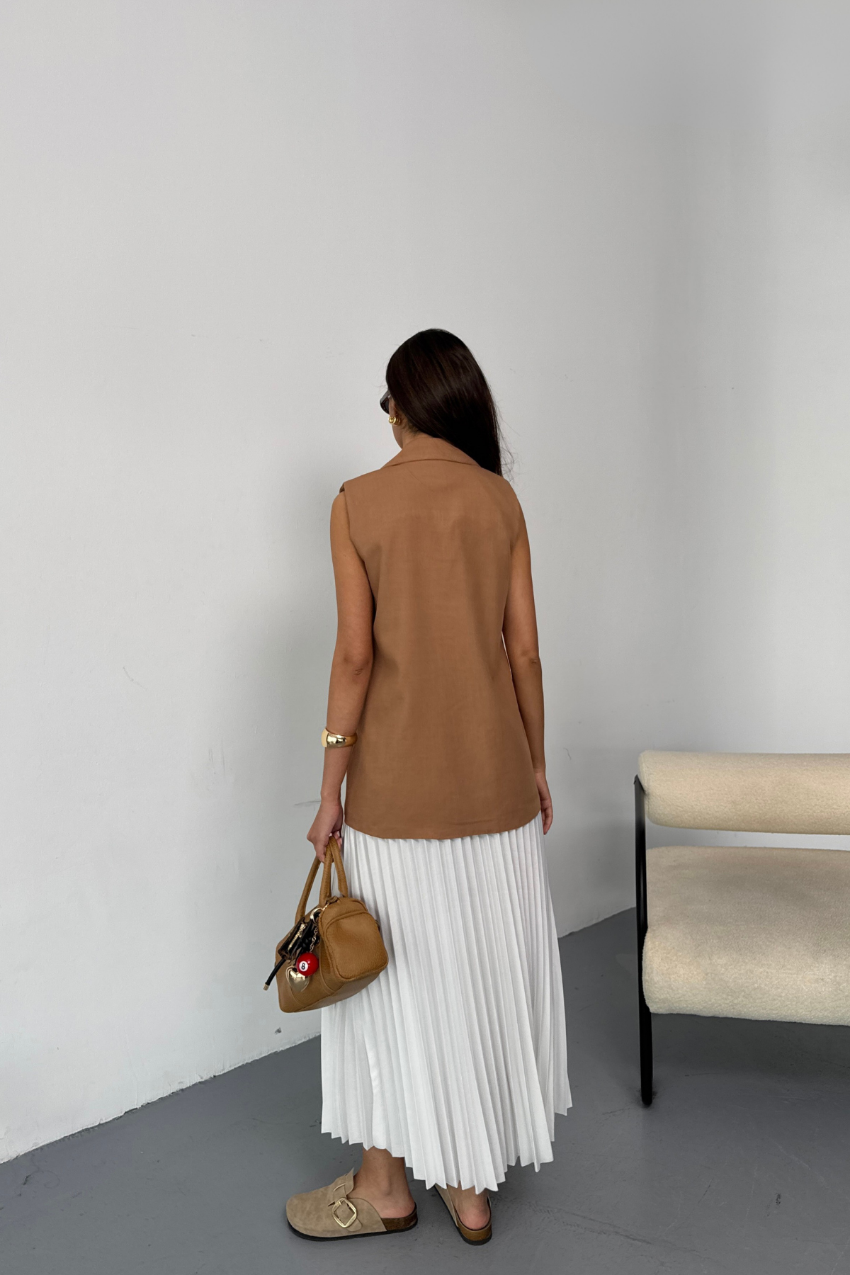 GOLD DÜĞMELİ KETEN YELEK - Kahverengi