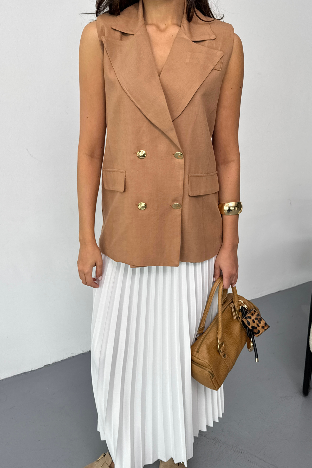 GOLD DÜĞMELİ KETEN YELEK - Kahverengi