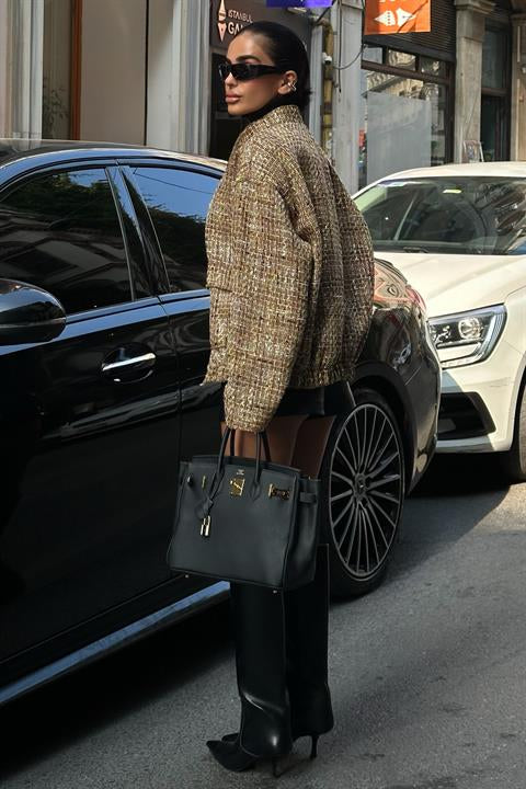 Gold Kumaş Detaylı ve Düğmeli Bomber Ceket 6143