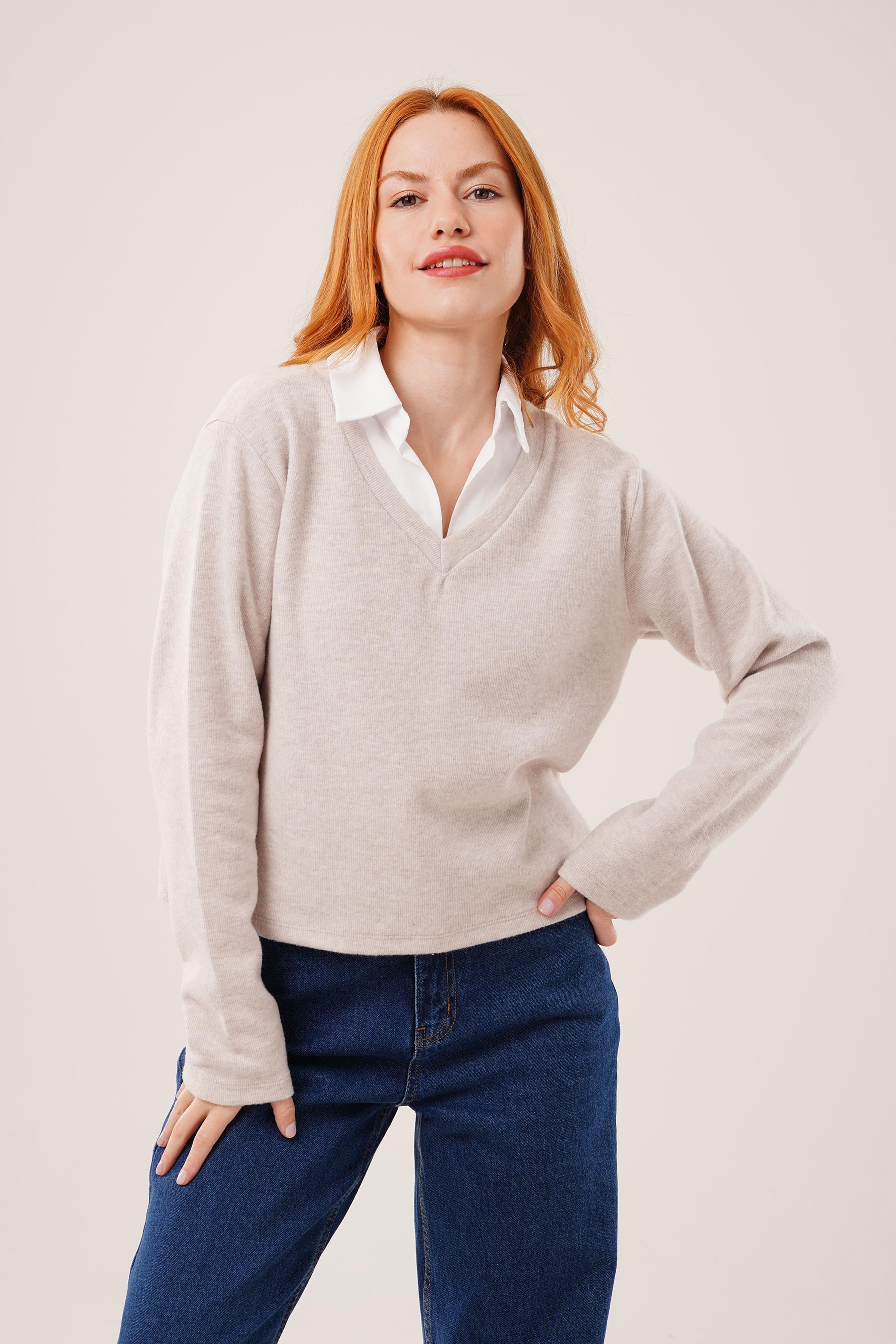 Gömlek Yaka Detaylı Toptan Taş Bluz