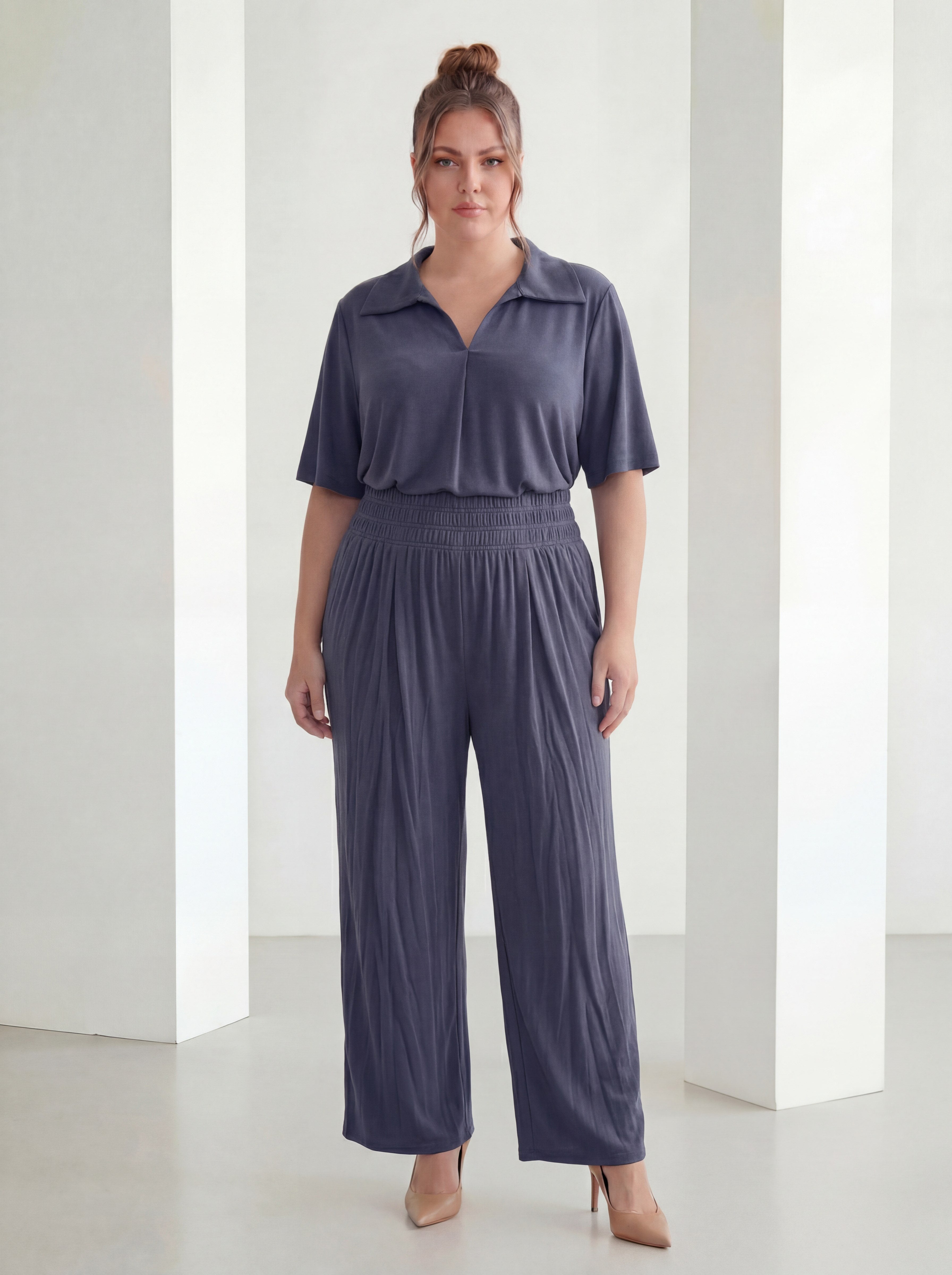 Navy Blue Collared Short Sleeve Plus Size Top and Bottom Set