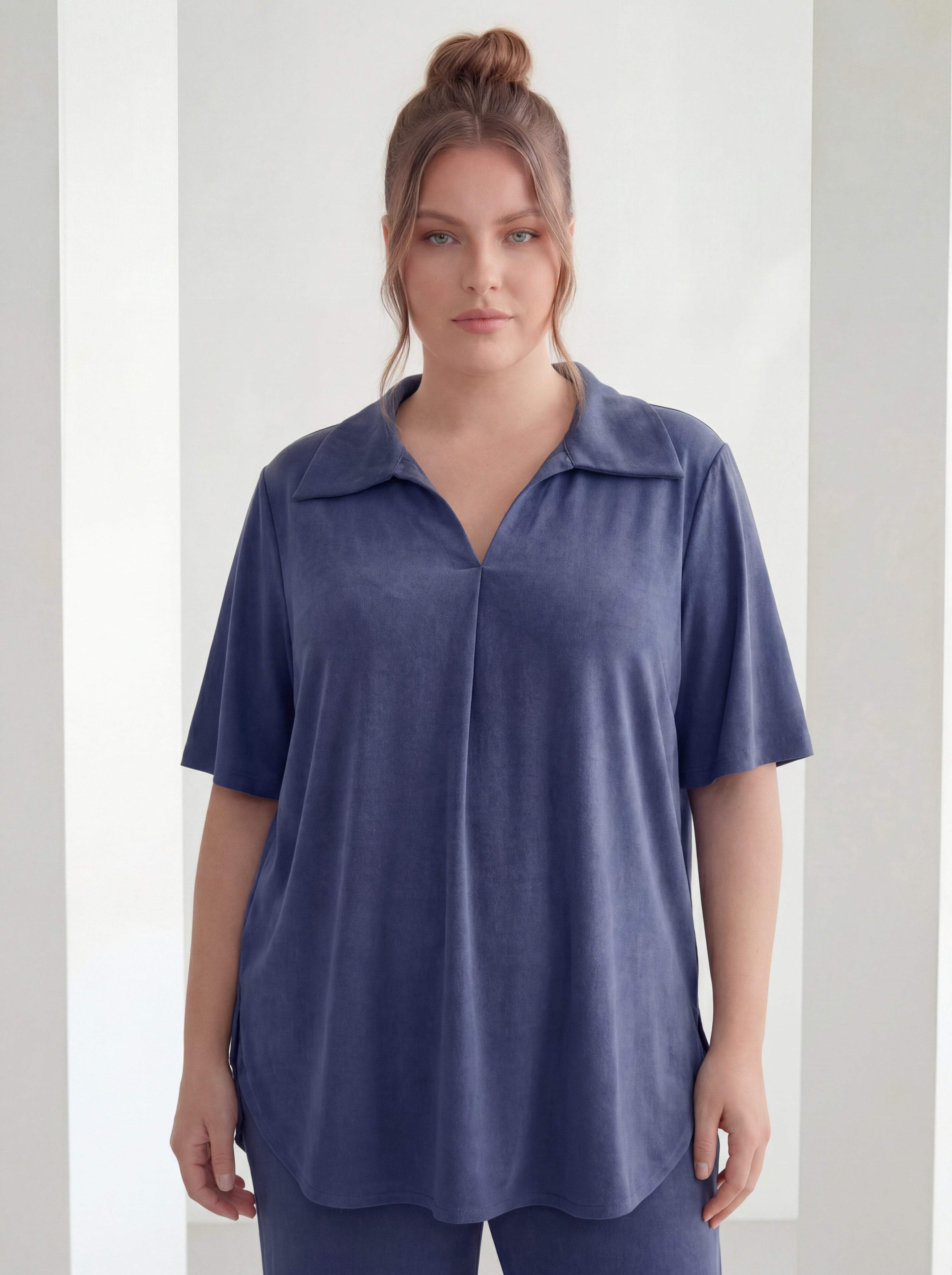 Navy Blue Collared Short Sleeve Plus Size Top and Bottom Set