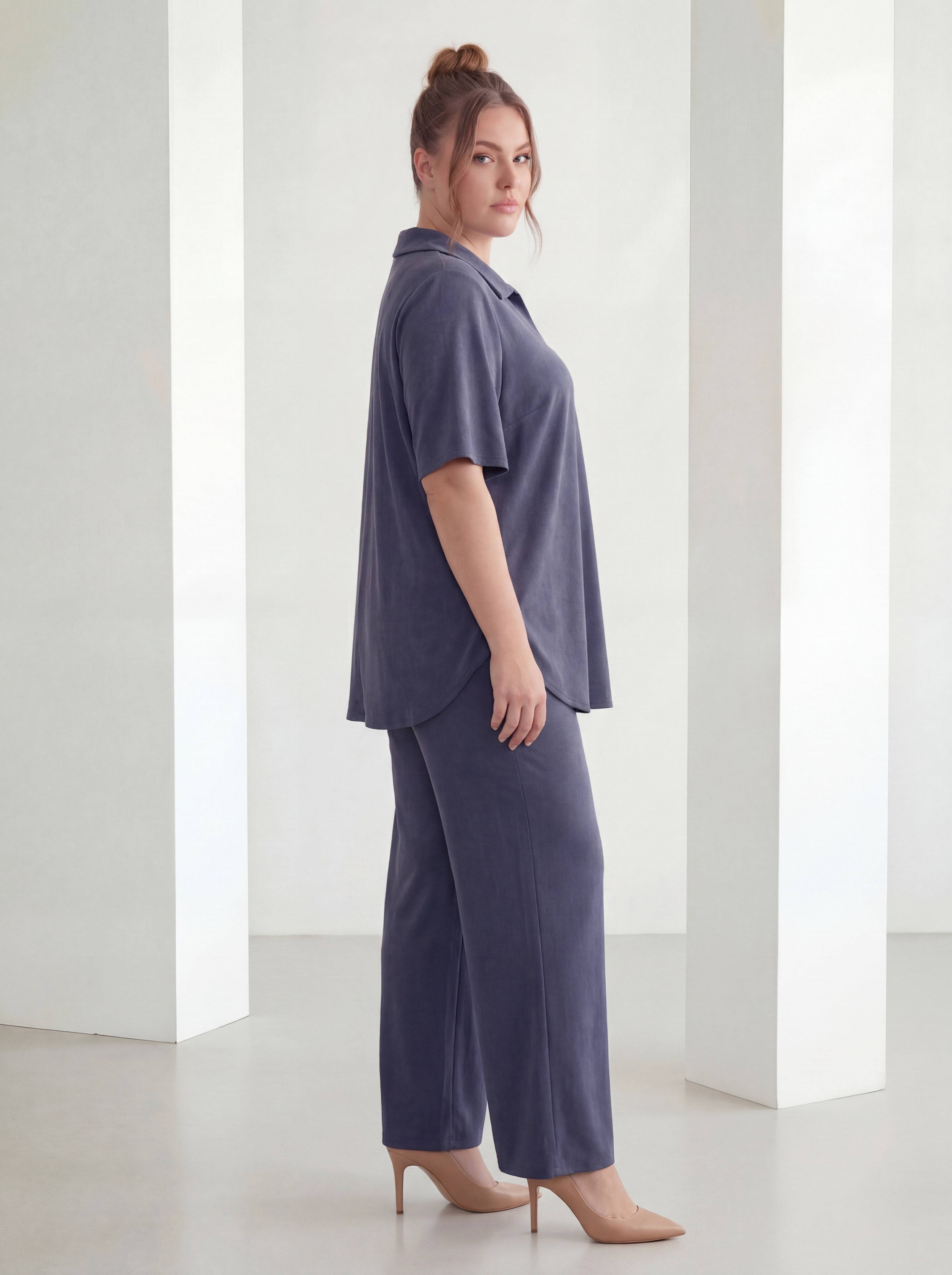 Navy Blue Collared Short Sleeve Plus Size Top and Bottom Set