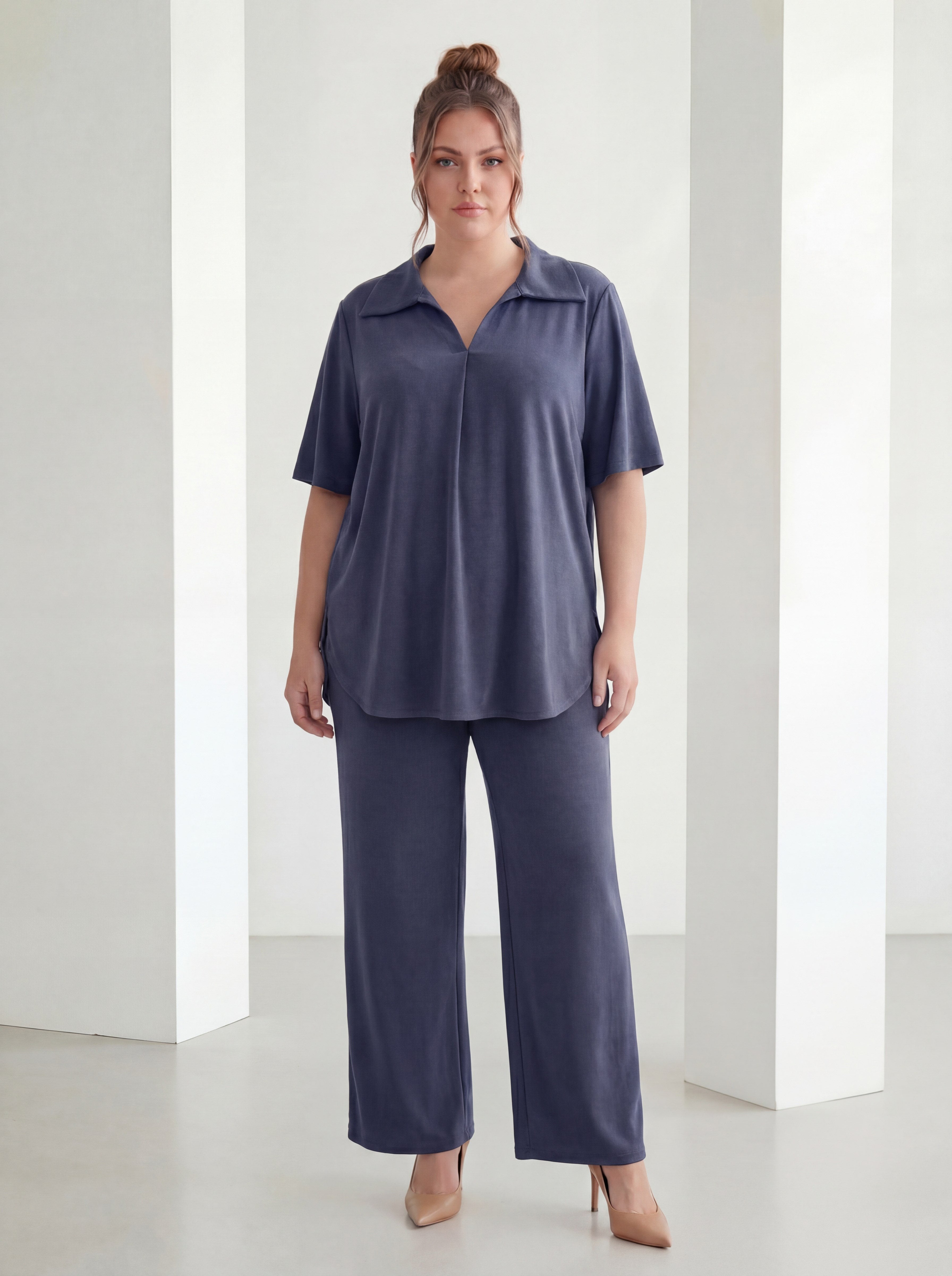 Navy Blue Collared Short Sleeve Plus Size Top and Bottom Set