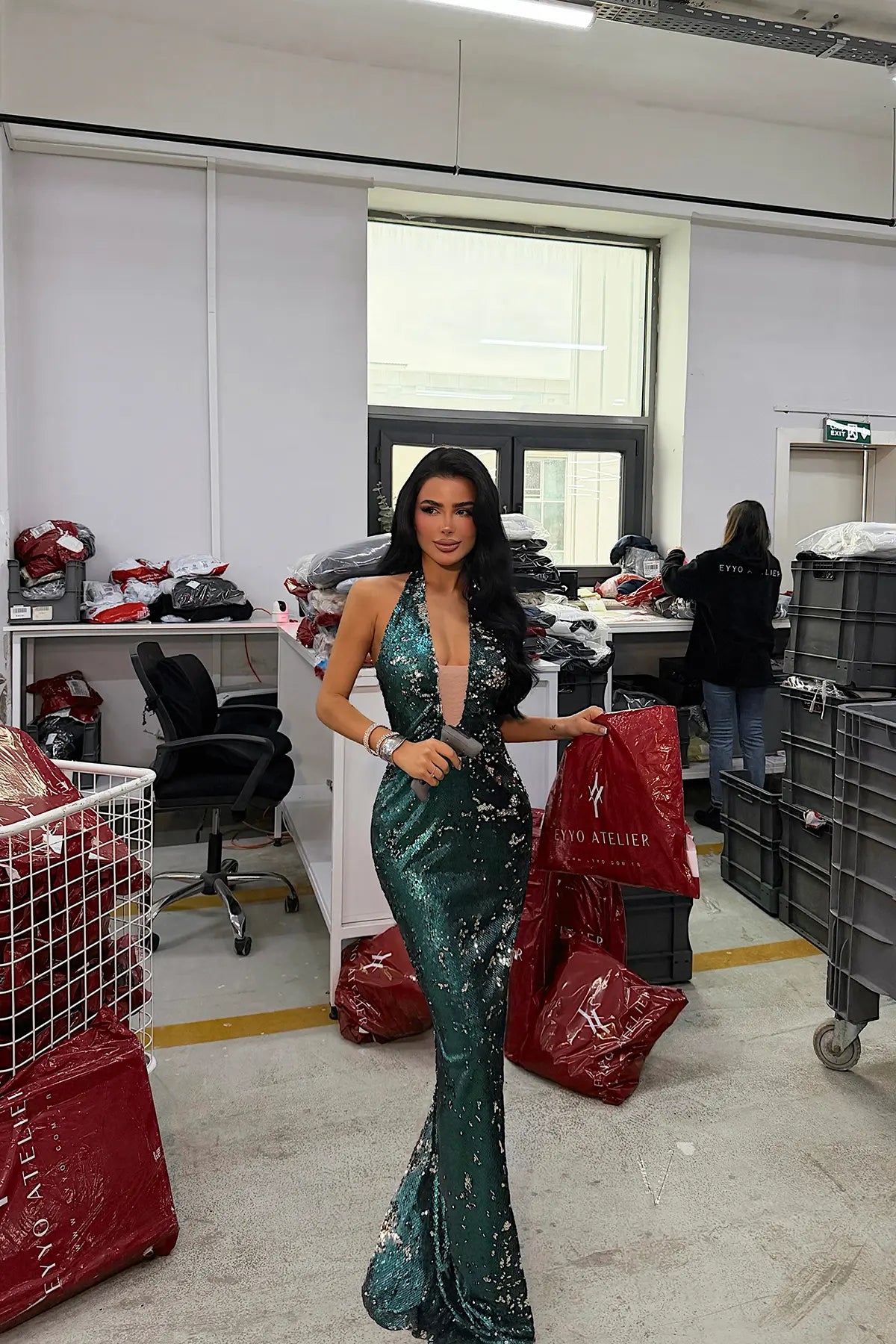 Yeşil Hologram Askılı Elbise