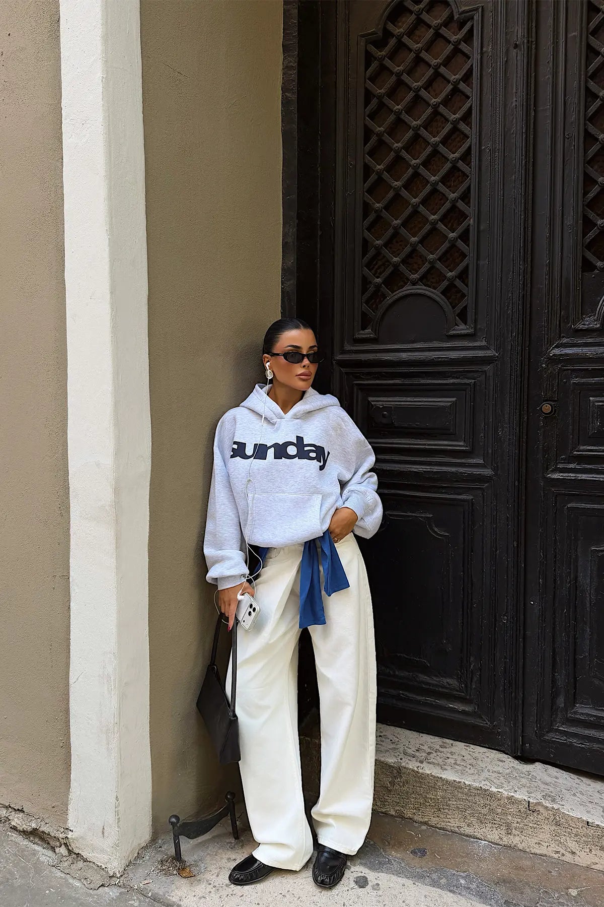 Gri Sunday Yazılı Hoodie