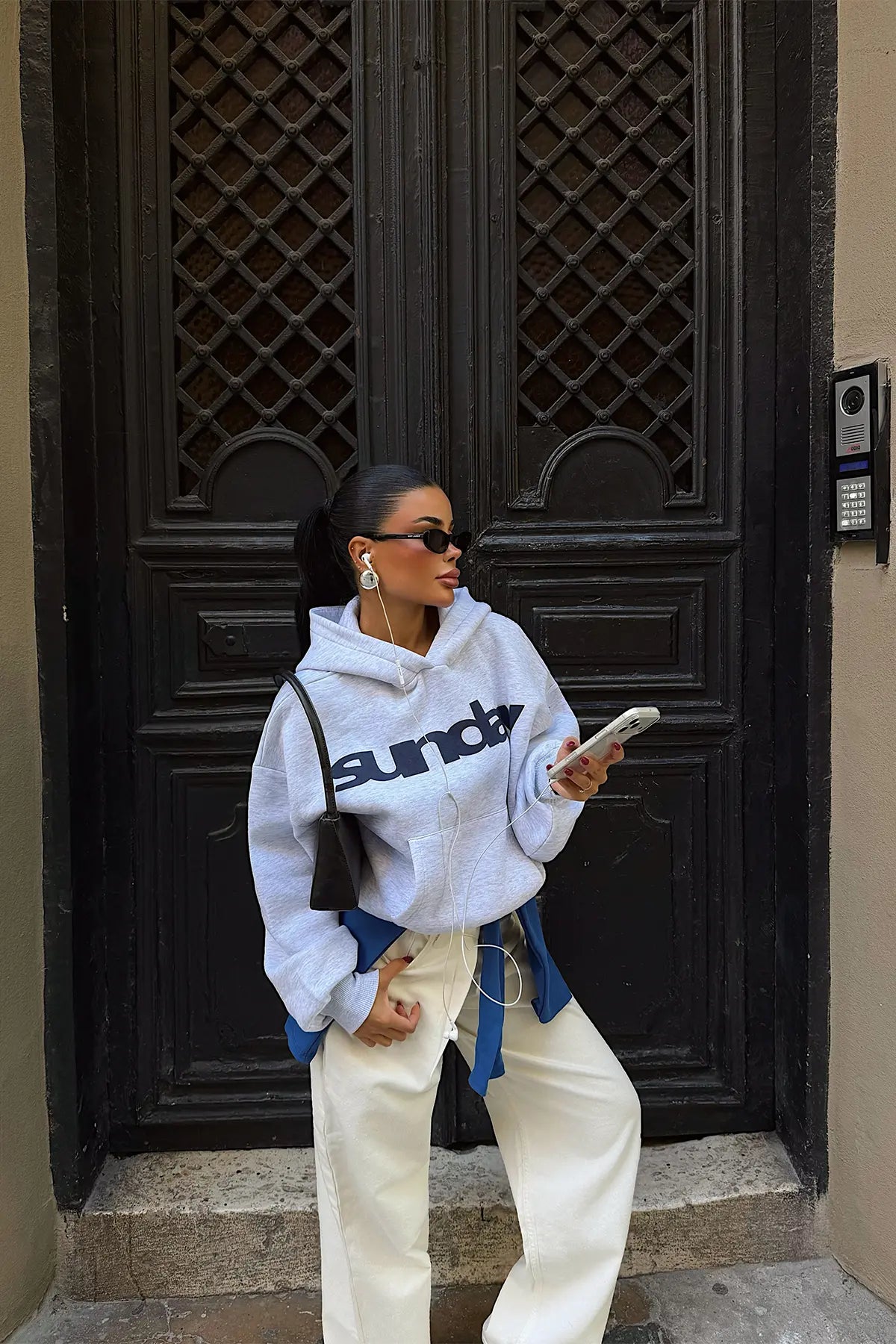 Gri Sunday Yazılı Hoodie