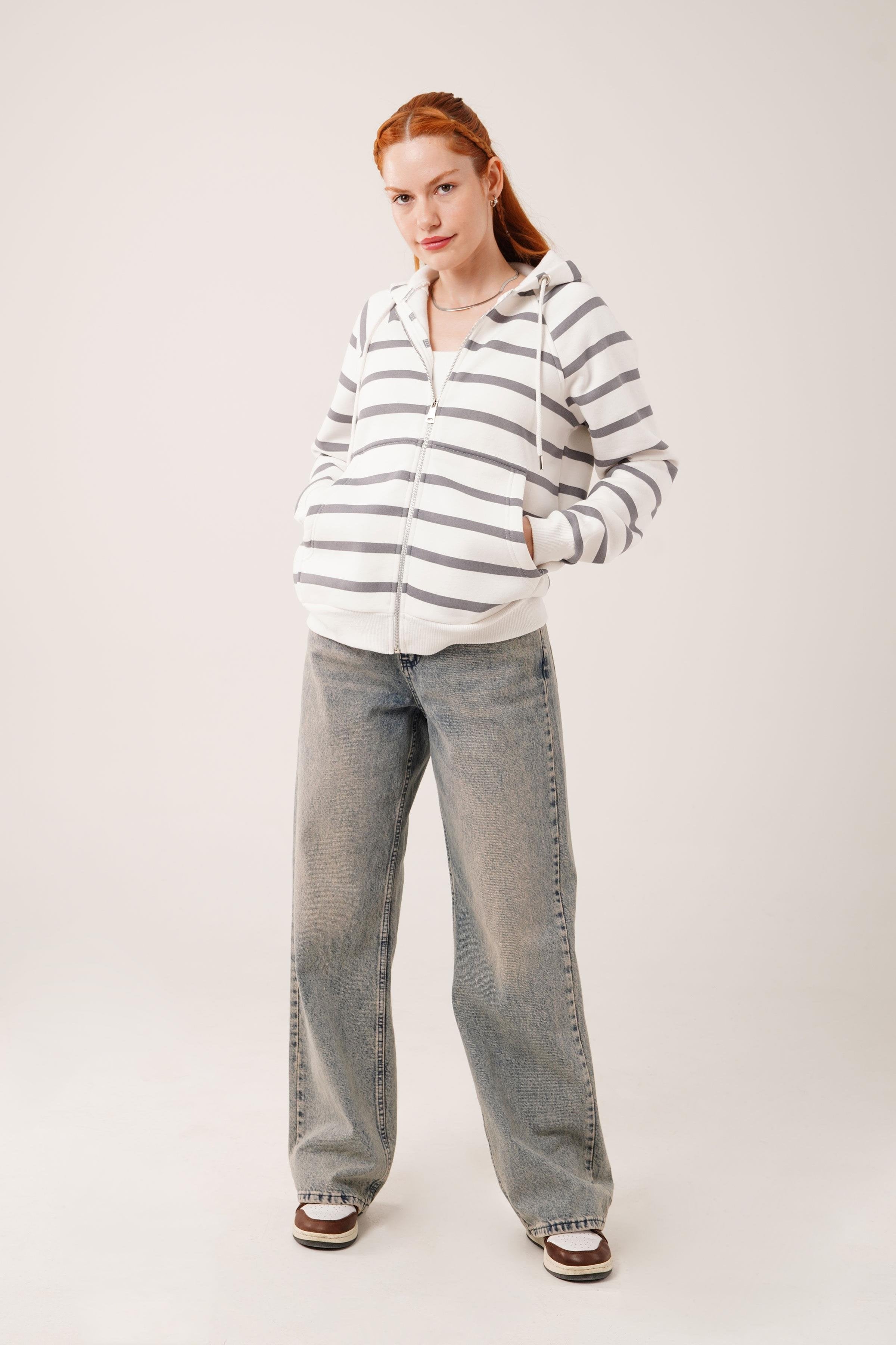 Gri Çizgili İki İplik Kapüşonlu Toptan Sweatshirt