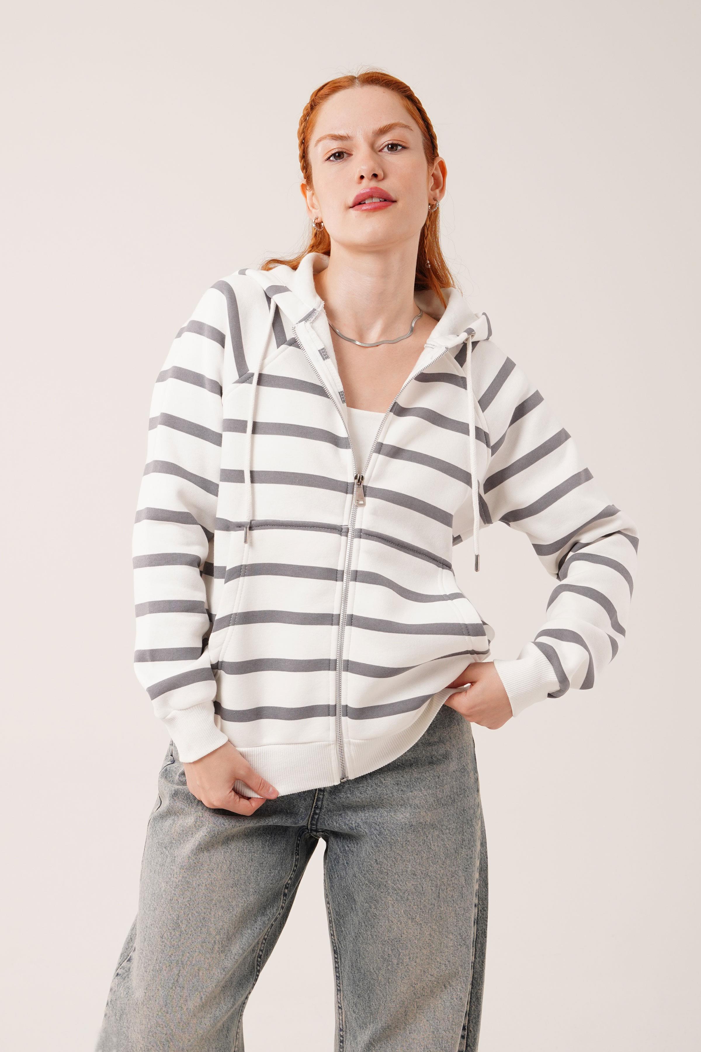 Gri Çizgili İki İplik Kapüşonlu Toptan Sweatshirt Gri S