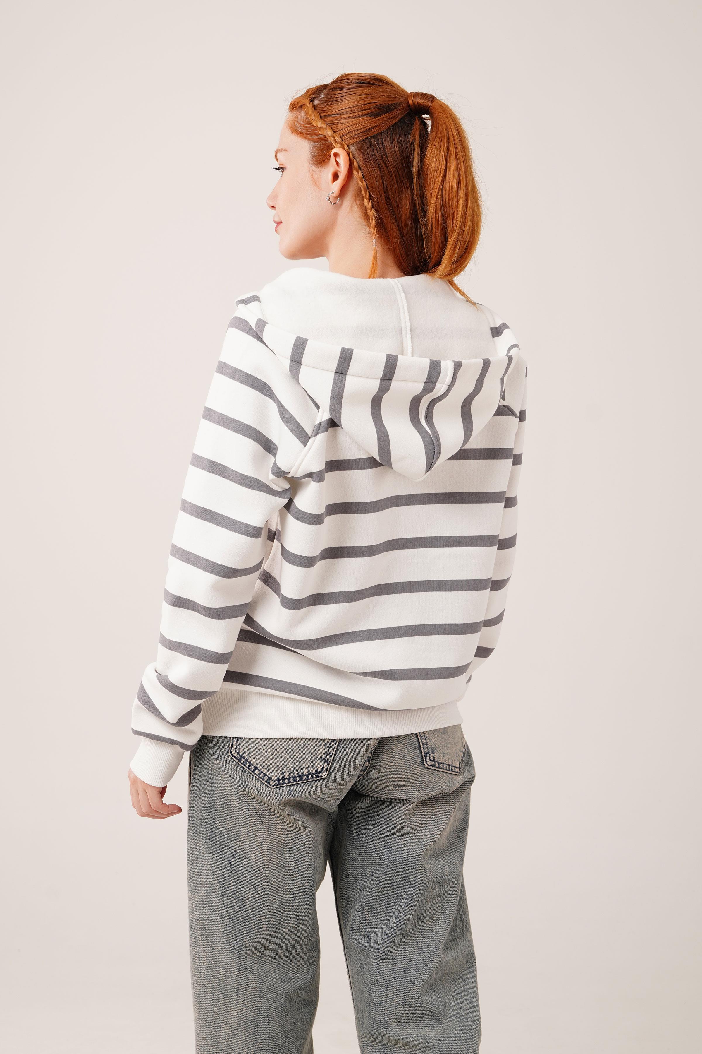 Gri Çizgili İki İplik Kapüşonlu Toptan Sweatshirt