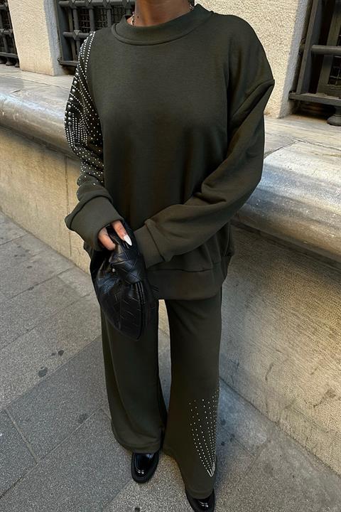 Gümüş Taşlı Dokuma Oversize Takım 9986