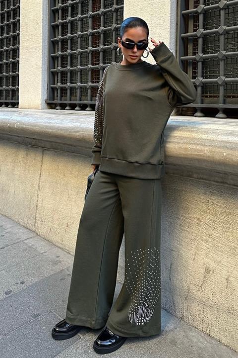 Gümüş Taşlı Dokuma Oversize Takım 9986 HAKİ L