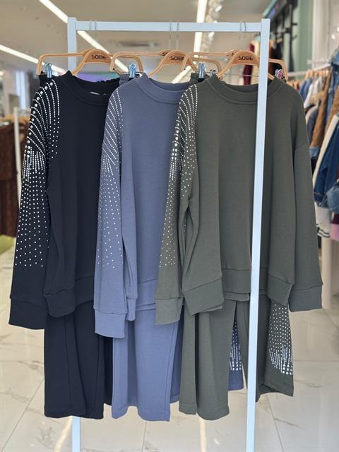 Gümüş Taşlı Dokuma Oversize Takım 9986