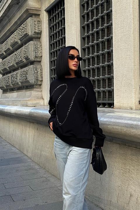 Gümüş Taşlı Sweatshirt 8052 SİYAH L