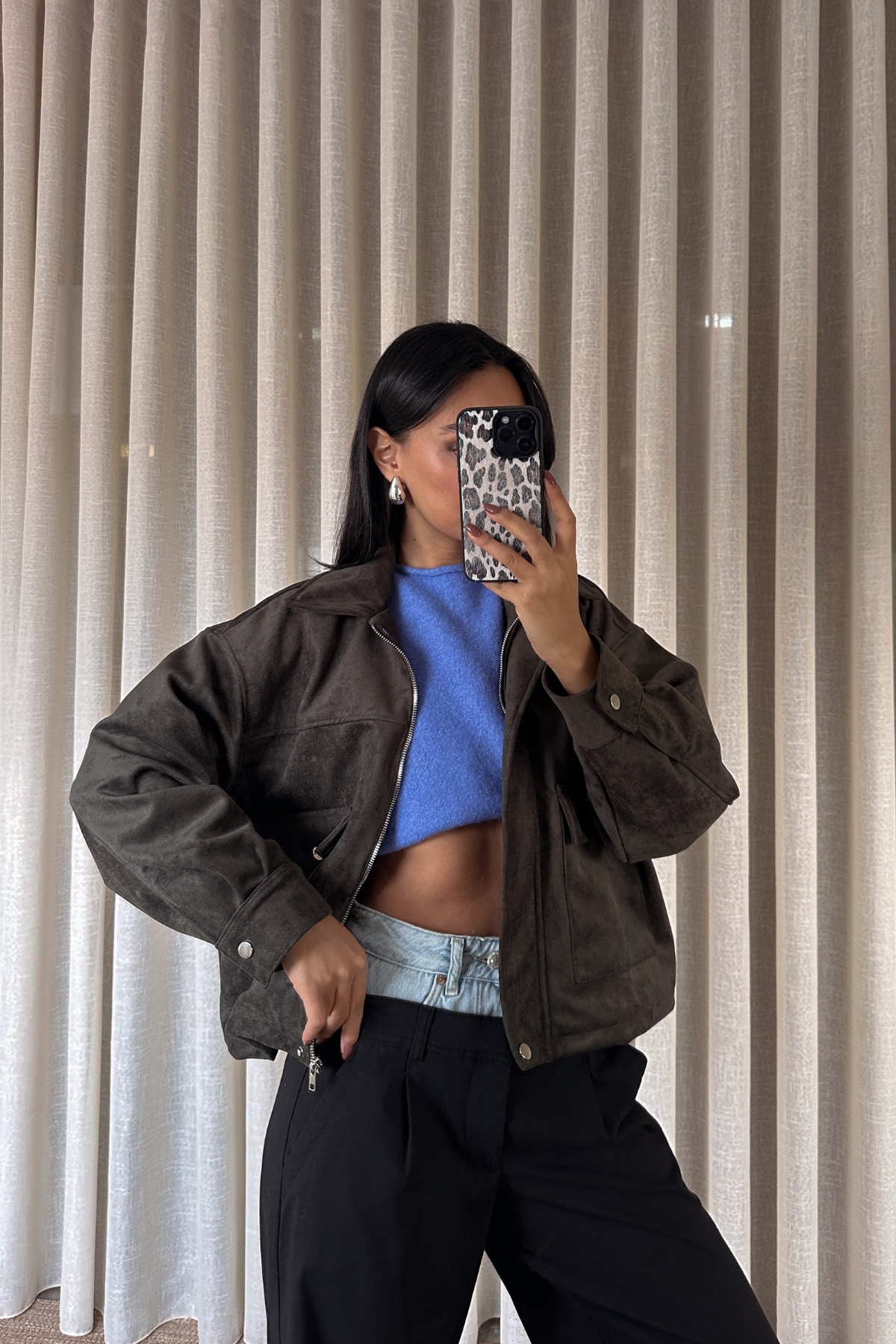 Haki Süet Büyük Cepli Ceket