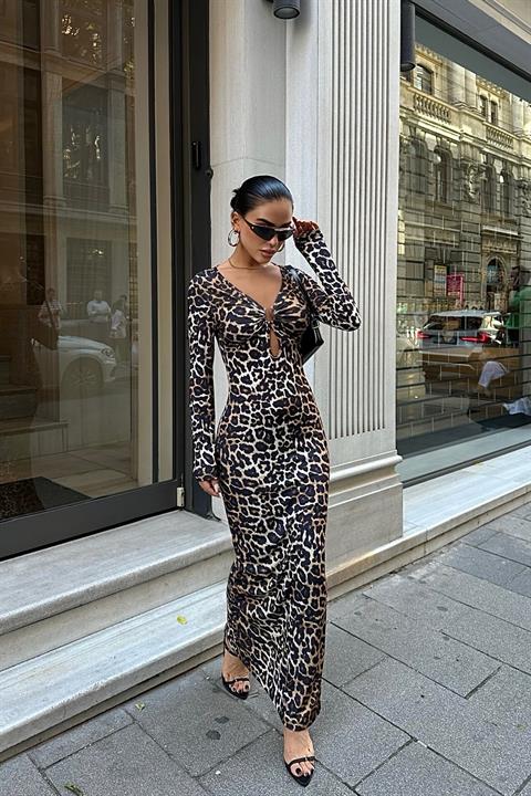 Halka Detaylı Leopar Desen Elbise 2823 CAMEL L