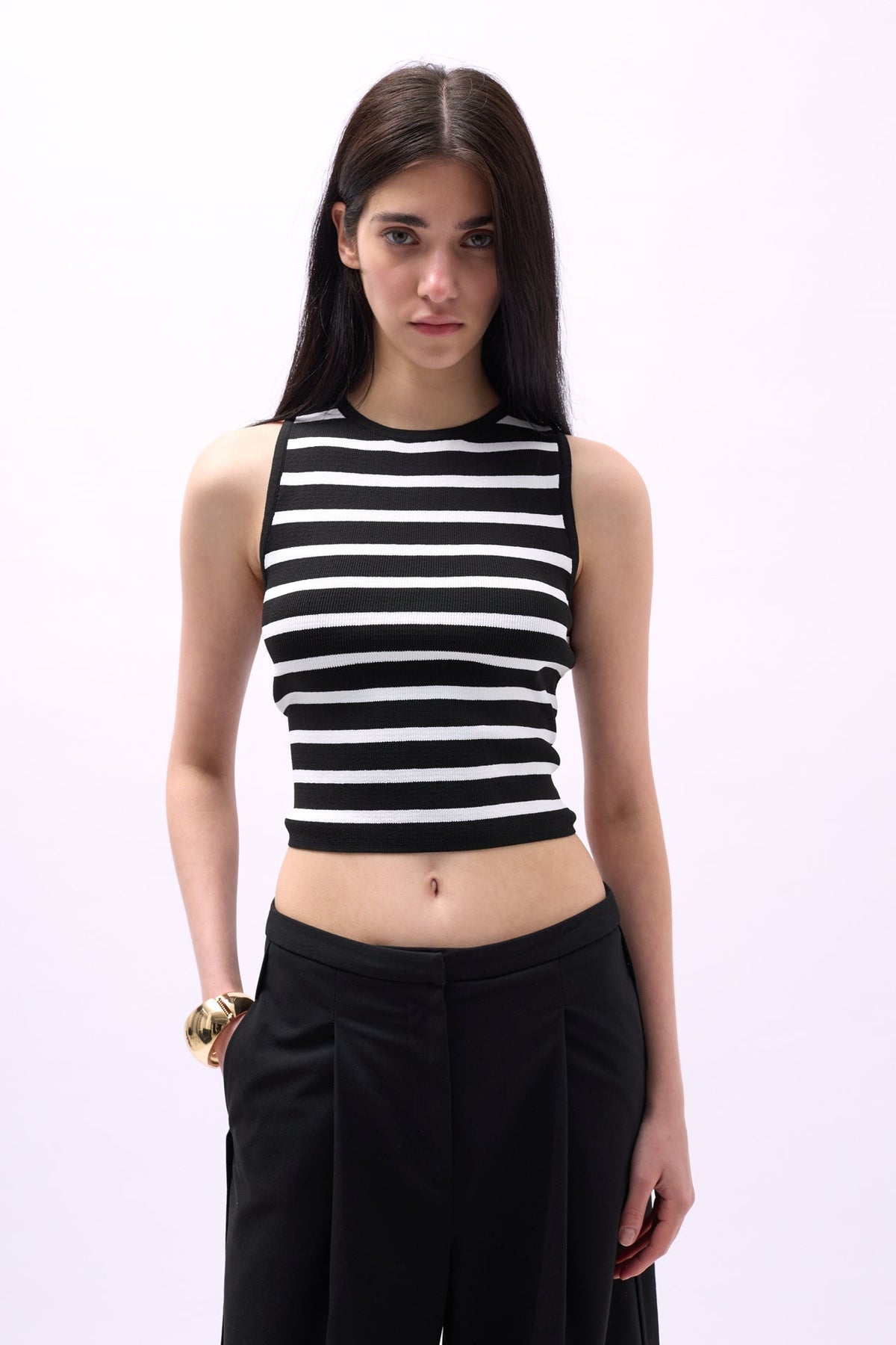 Halter Yaka Çizgili Crop - Siyah - Beyaz