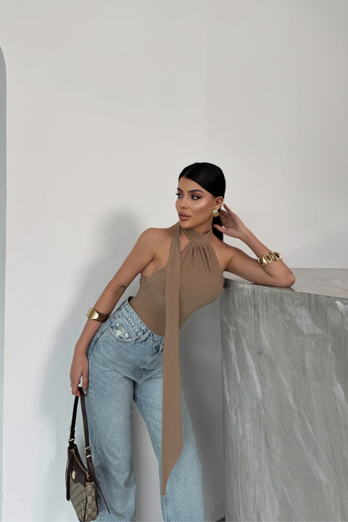HALTER YAKA SANDY BODYSUİT - Bej