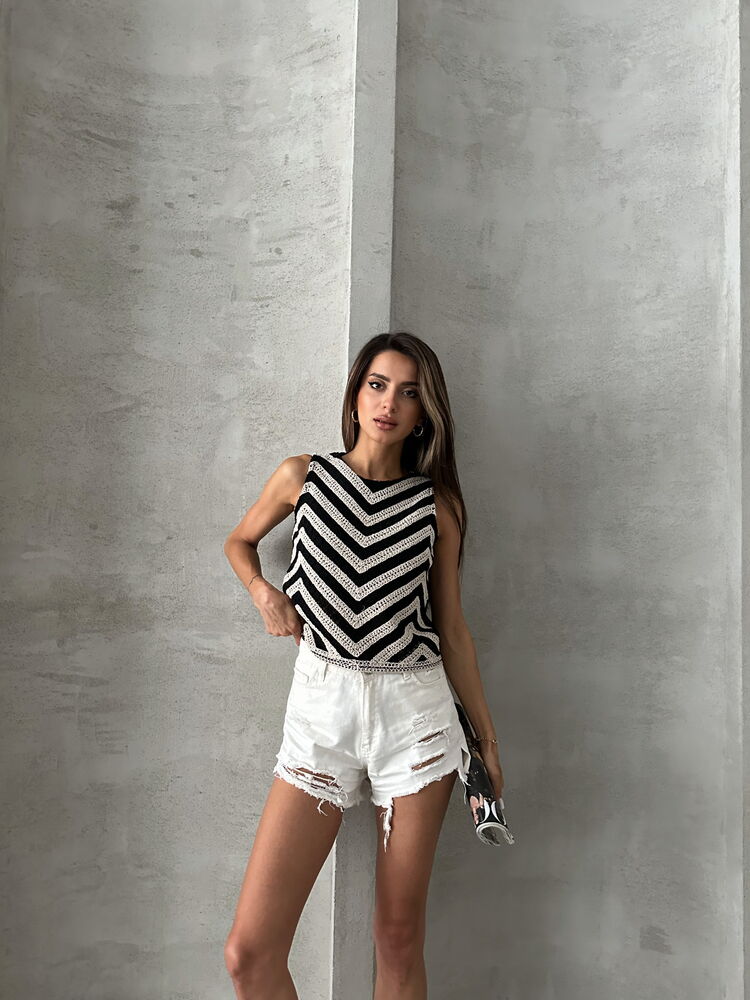 Topshow Ham Siyah Kolsuz Zebra Desen Tiğişi Toptan Bluz
