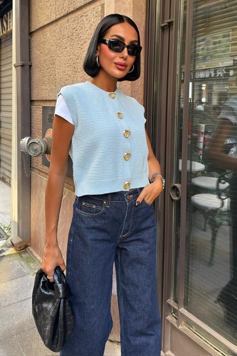 Helios Gold Düğmeli Triko Yelek 5186 MAVİ STD