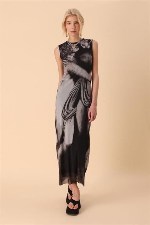 Heykel Desenli Maxi Tül Elbise 2681-8 MULTİ L