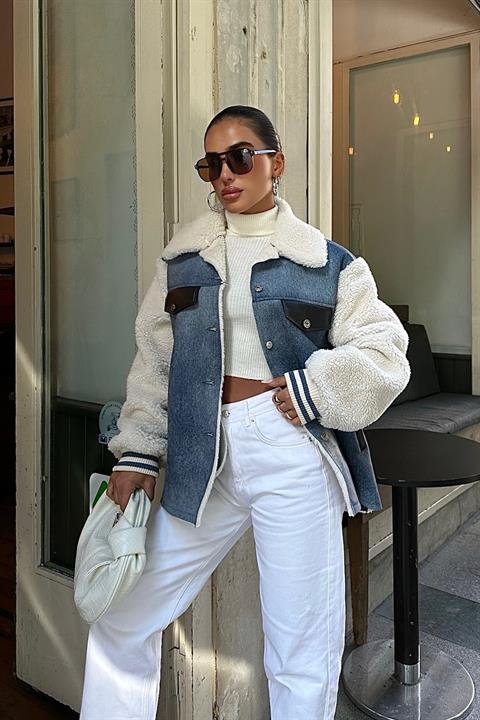 İçi Kürklü Deri Garnili Denim Görünümlü Ceket 6116 MULTİ L