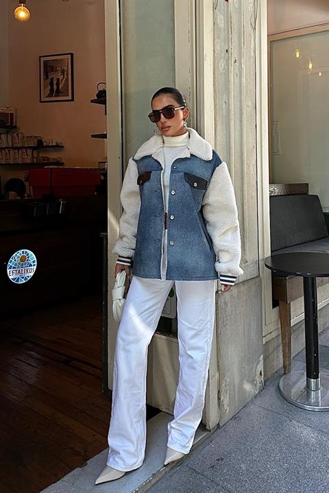 İçi Kürklü Deri Garnili Denim Görünümlü Ceket 6116