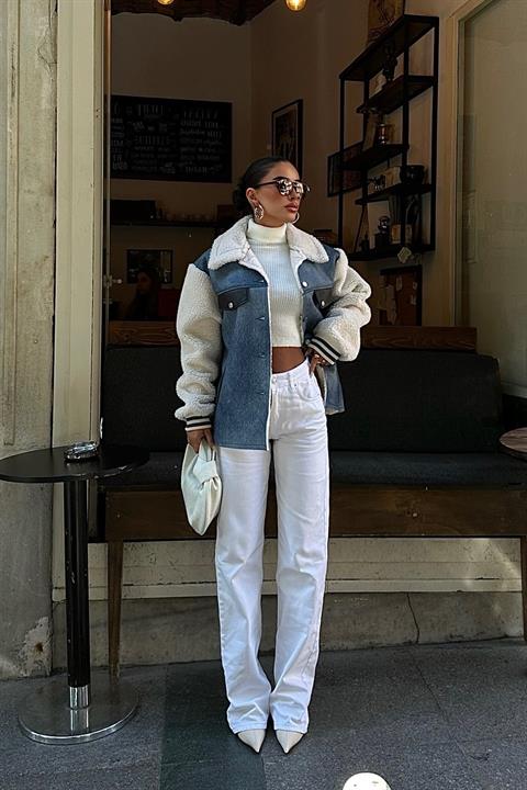 İçi Kürklü Deri Garnili Denim Görünümlü Ceket 6116