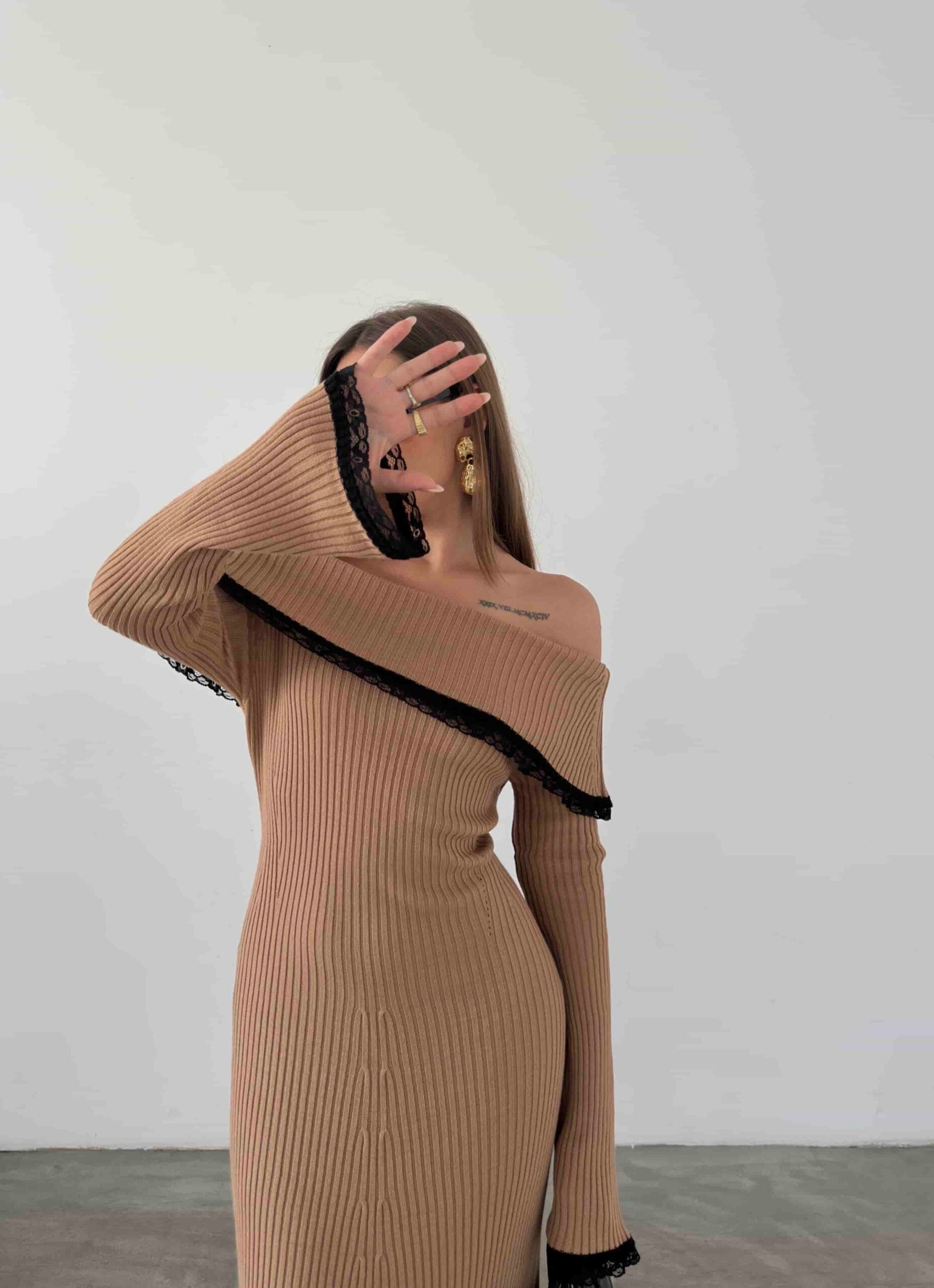 Dantel Detaylı Triko Elbise 1513