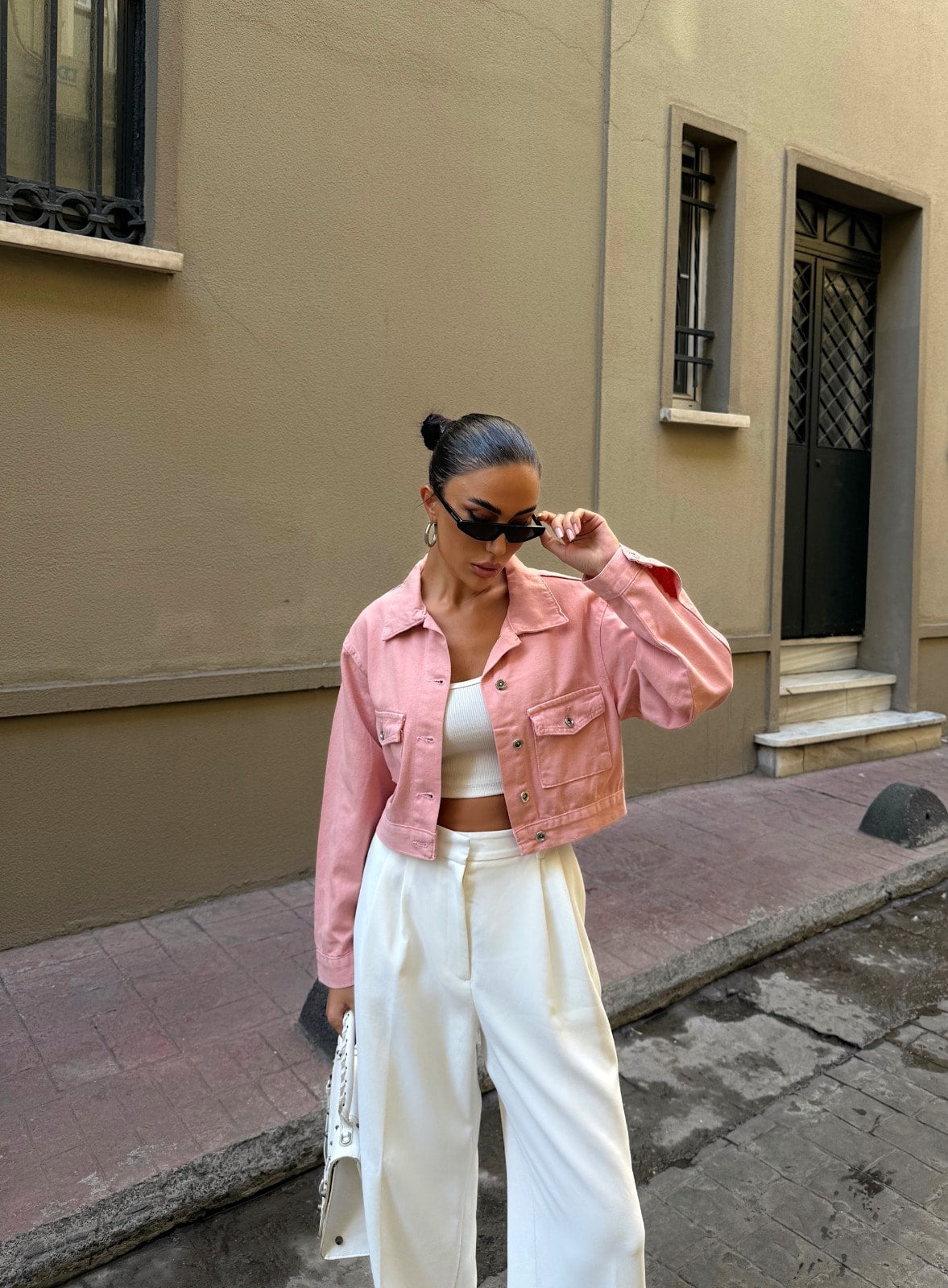 Çift Cep Denim Crop Ceket