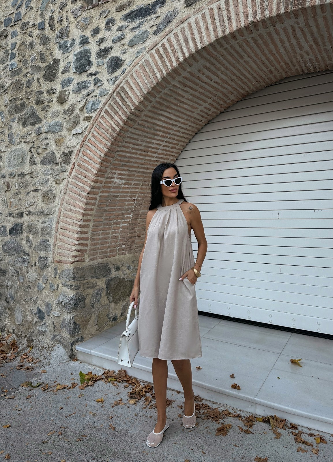 Halter Yaka Dokuma Midi Elbise