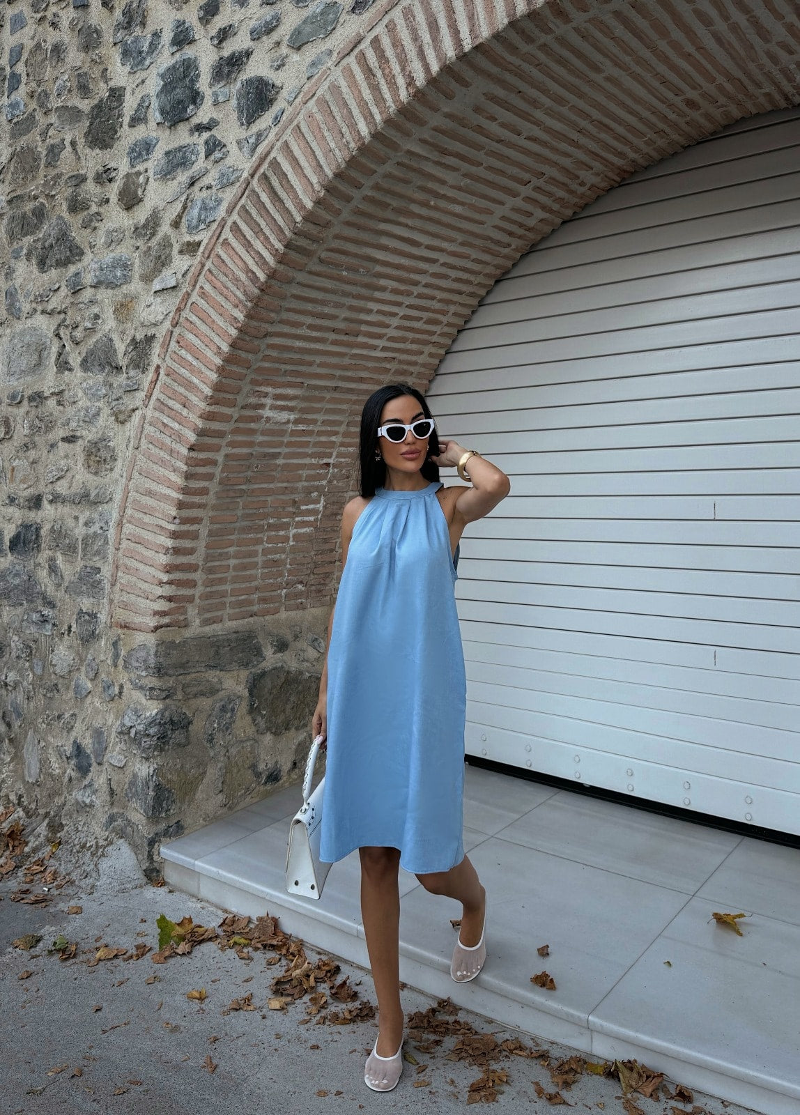 Halter Yaka Dokuma Midi Elbise