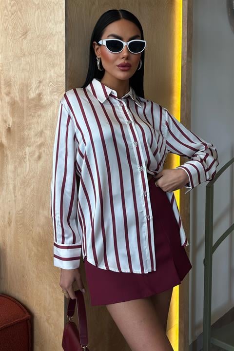 İnce Çizgili Saten Gömlek 3434 BORDO L