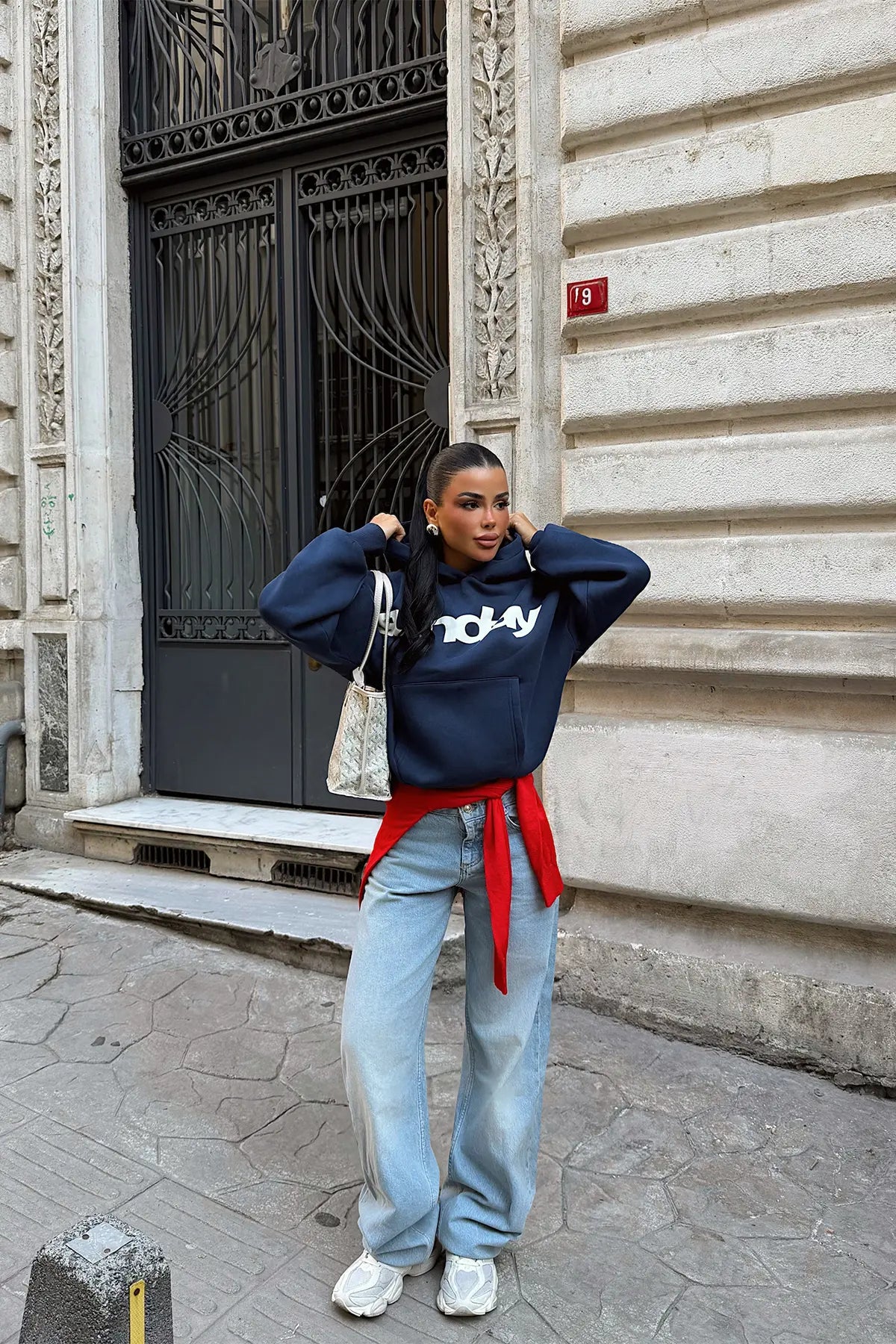 İndigo Sunday Yazılı Hoodie