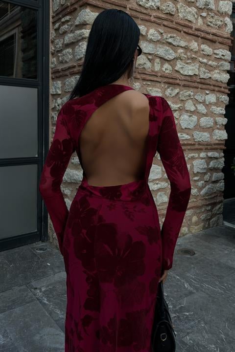 Kadife Baskılı Sırt Dekolteli Astarlı Elbise 2825