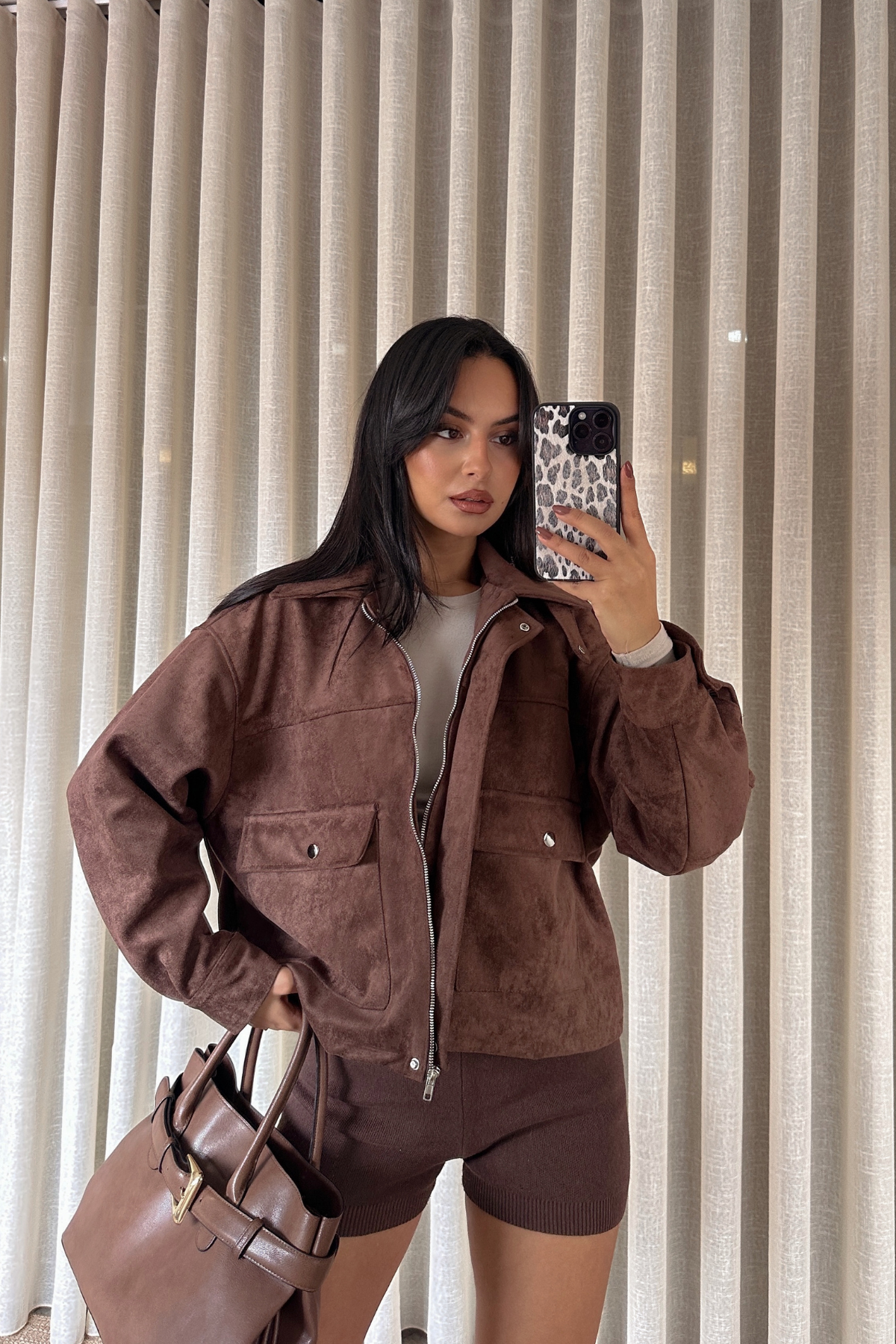 Kahverengi Süet Büyük Cepli Ceket