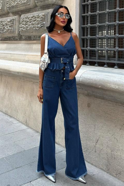 Kalın Kemer Detaylı Denim Takım 10166 DENİM L