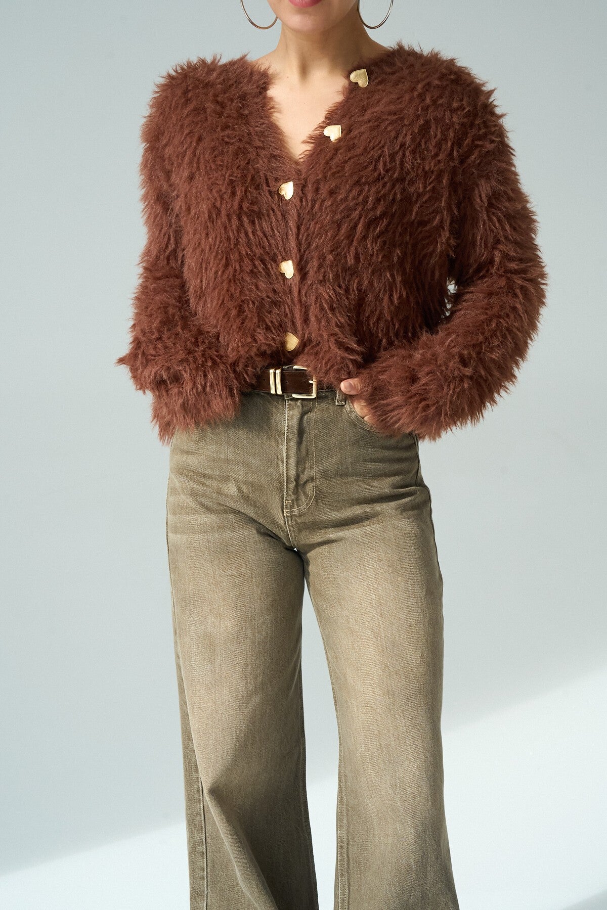 COFFEE Heart Button Fluffy Cardigan